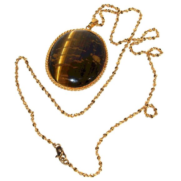 19" Gold Plated Necklace with Oval Tiger Eye Pendant - Picture 5 of 7